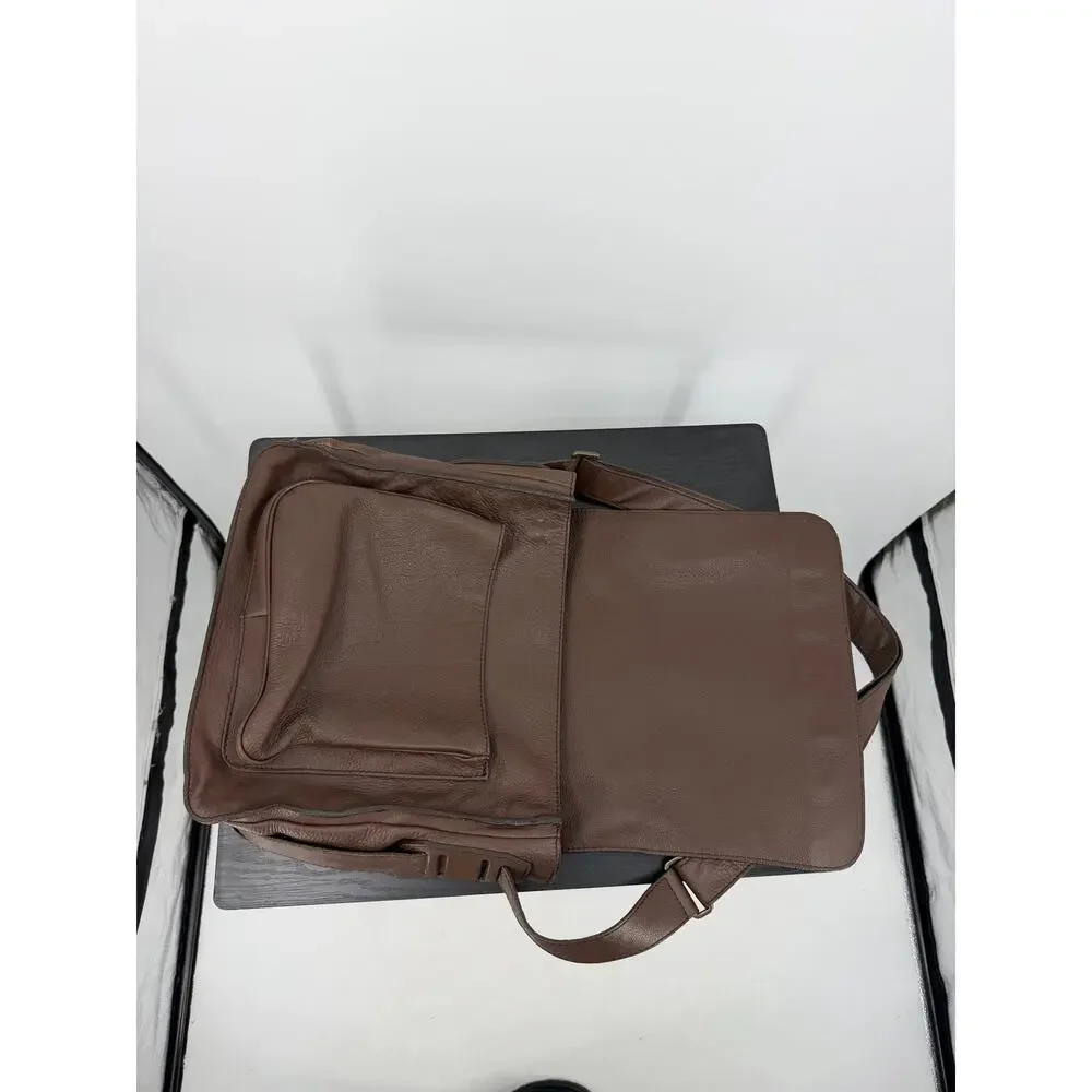 Burberry Men Brown Pebbled Leather Messenger Bag Crossbody Nova Check Lined Flap